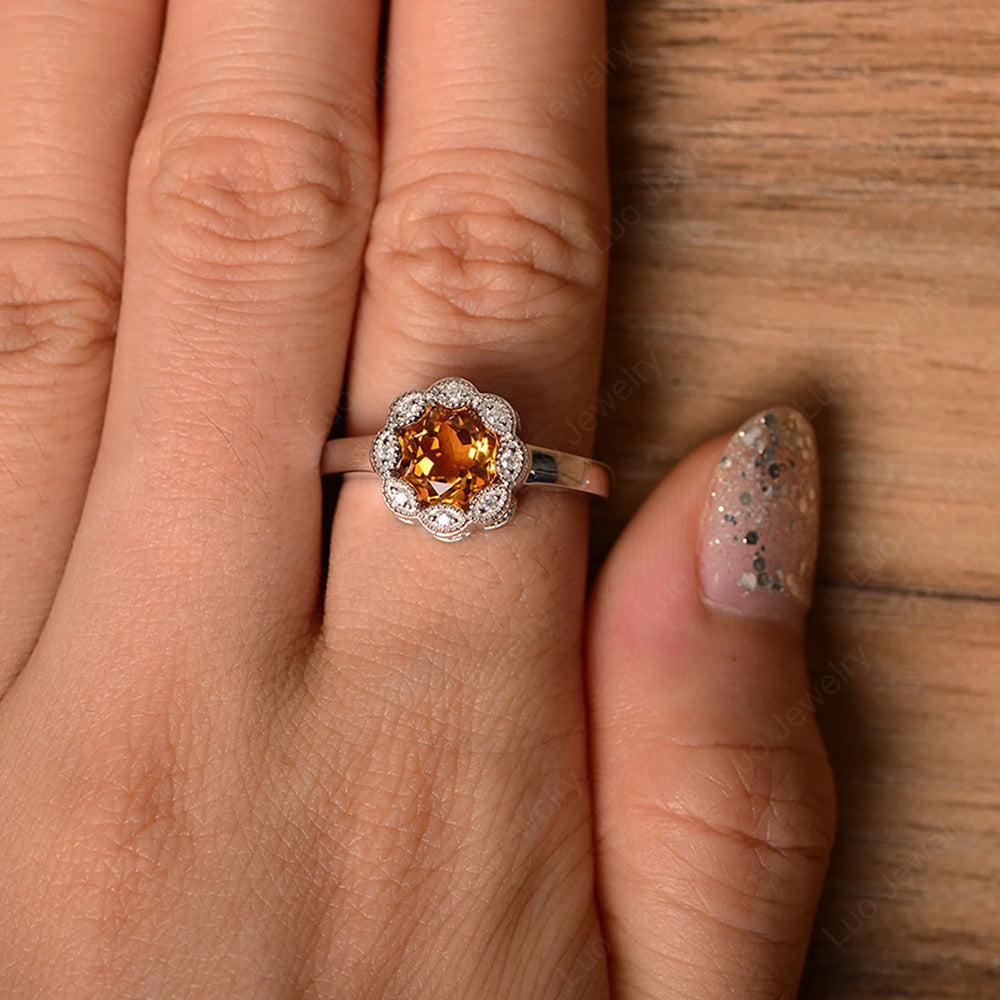 Vintage Citrine Ring Halo Flower Ring - LUO Jewelry