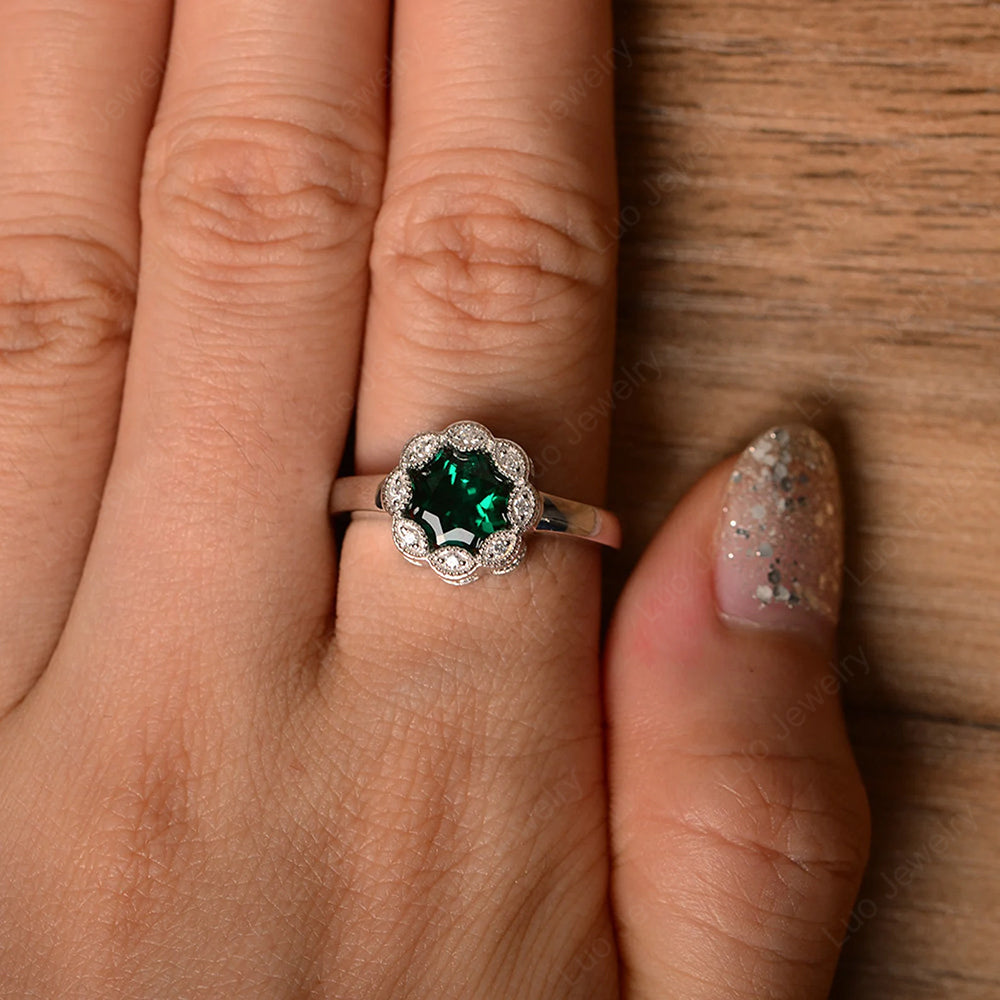 Vintage Lab Emerald Ring Halo Flower Ring - LUO Jewelry
