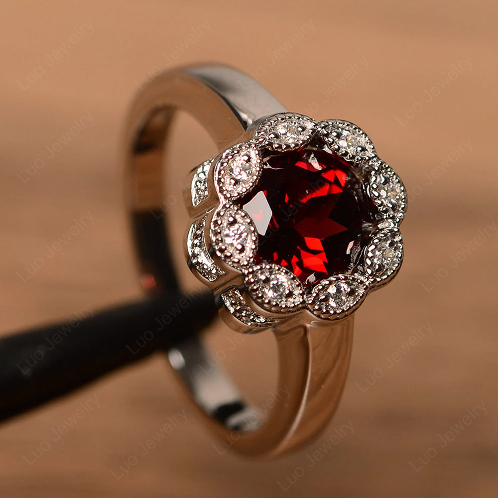Vintage Garnet Ring Halo Flower Ring - LUO Jewelry