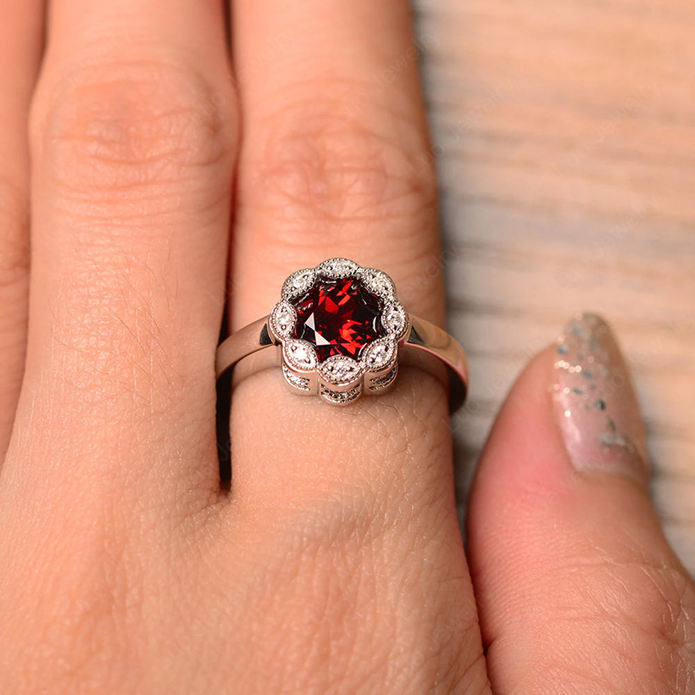 Vintage Garnet Ring Halo Flower Ring - LUO Jewelry