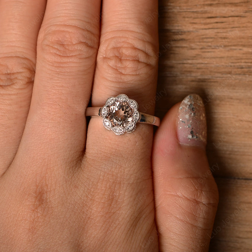 Vintage Morganite Ring Halo Flower Ring - LUO Jewelry