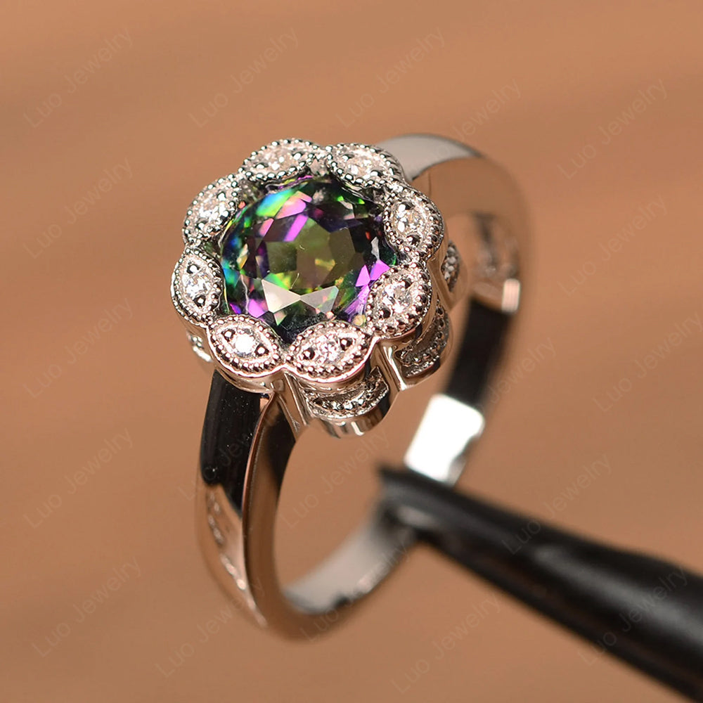Vintage Mystic Topaz Ring Halo Flower Ring - LUO Jewelry