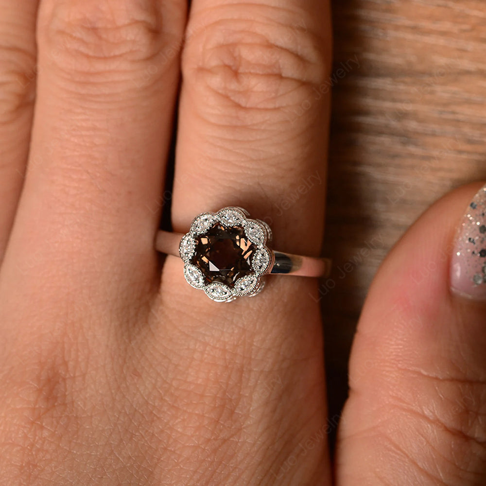 Vintage Smoky Quartz  Ring Halo Flower Ring - LUO Jewelry