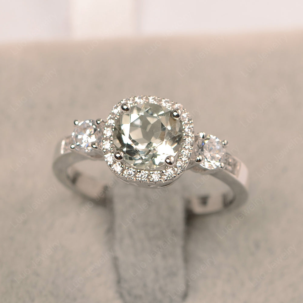 Brilliant Cut Green Amethyst Halo Wedding Ring Gold - LUO Jewelry