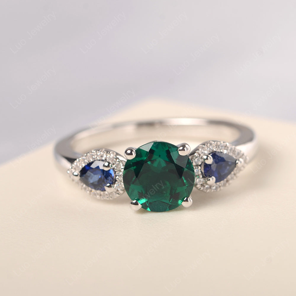 Lab Emerald Euro Shank Ring With Pear Side Stones - LUO Jewelry