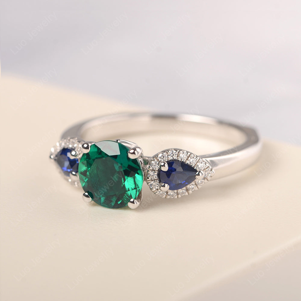 Lab Emerald Euro Shank Ring With Pear Side Stones - LUO Jewelry