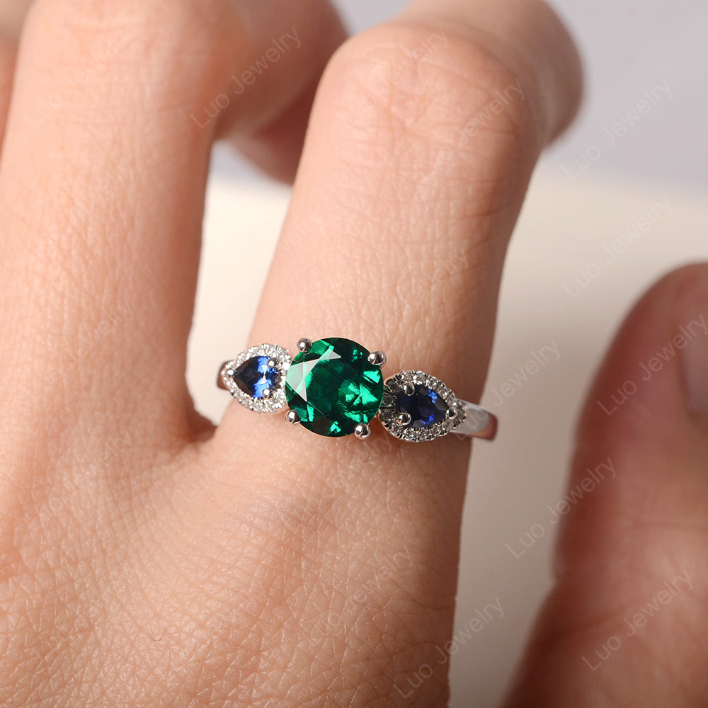 Lab Emerald Euro Shank Ring With Pear Side Stones - LUO Jewelry