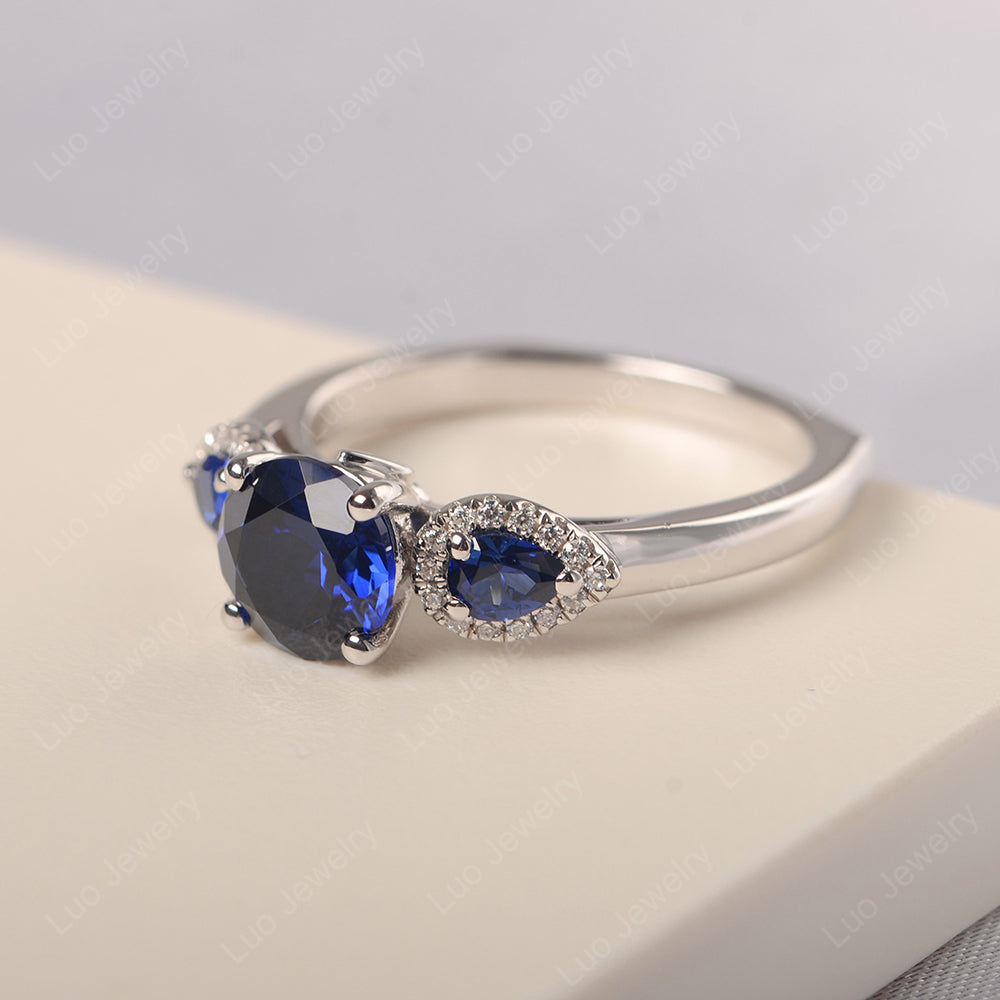 Lab Sapphire Euro Shank Ring With Pear Side Stones - LUO Jewelry