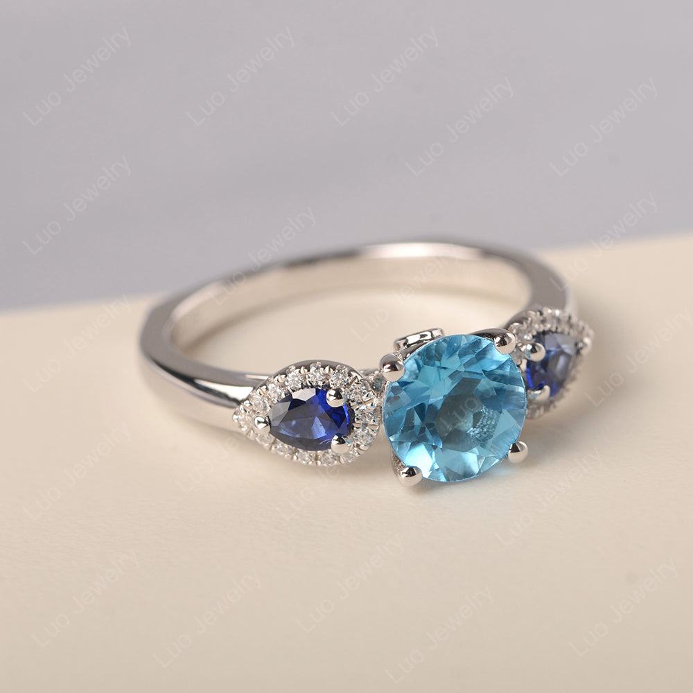 Swiss Blue Topaz Euro Shank Ring With Pear Side Stones - LUO Jewelry