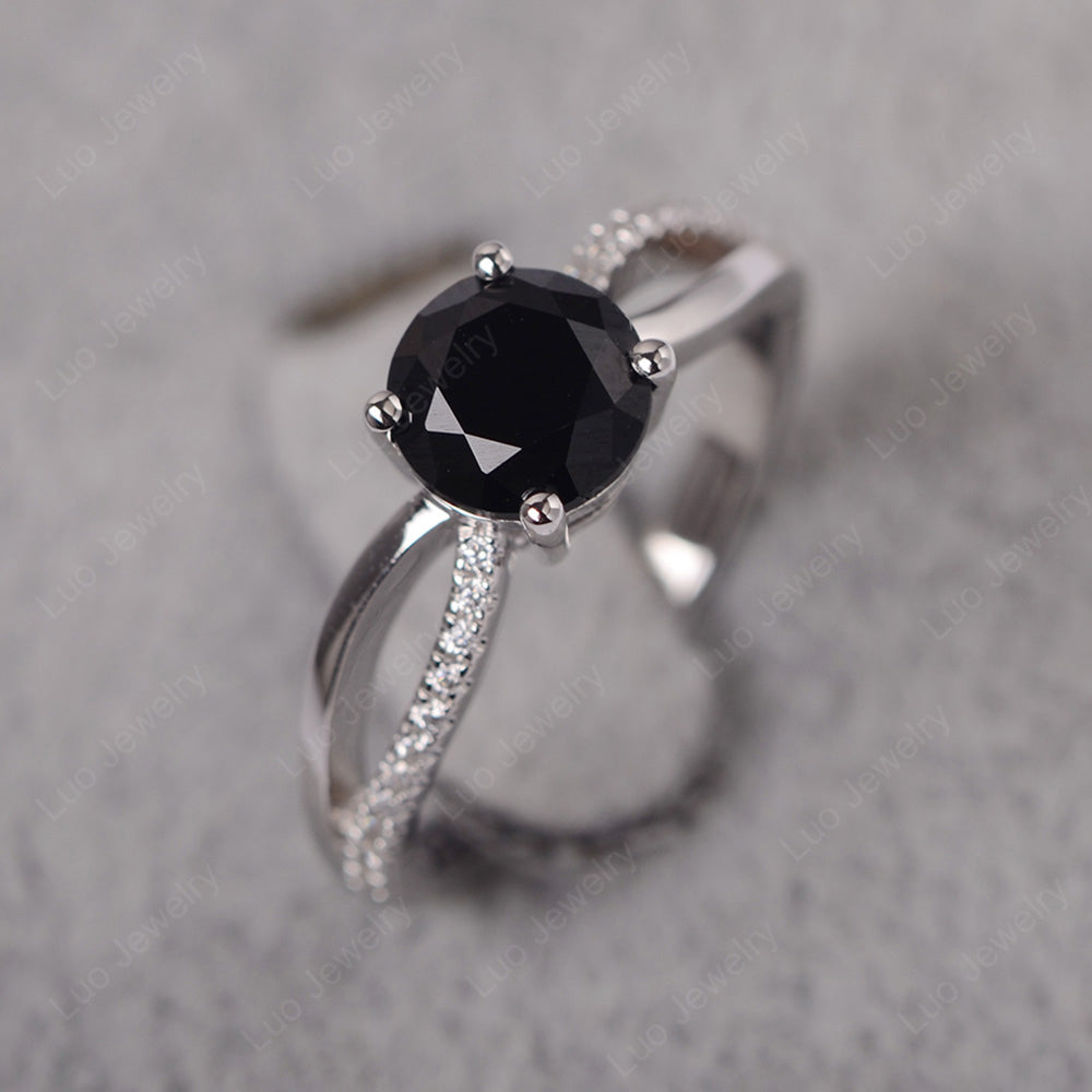 Black Stone Ring Split Shank Engagement Ring - LUO Jewelry