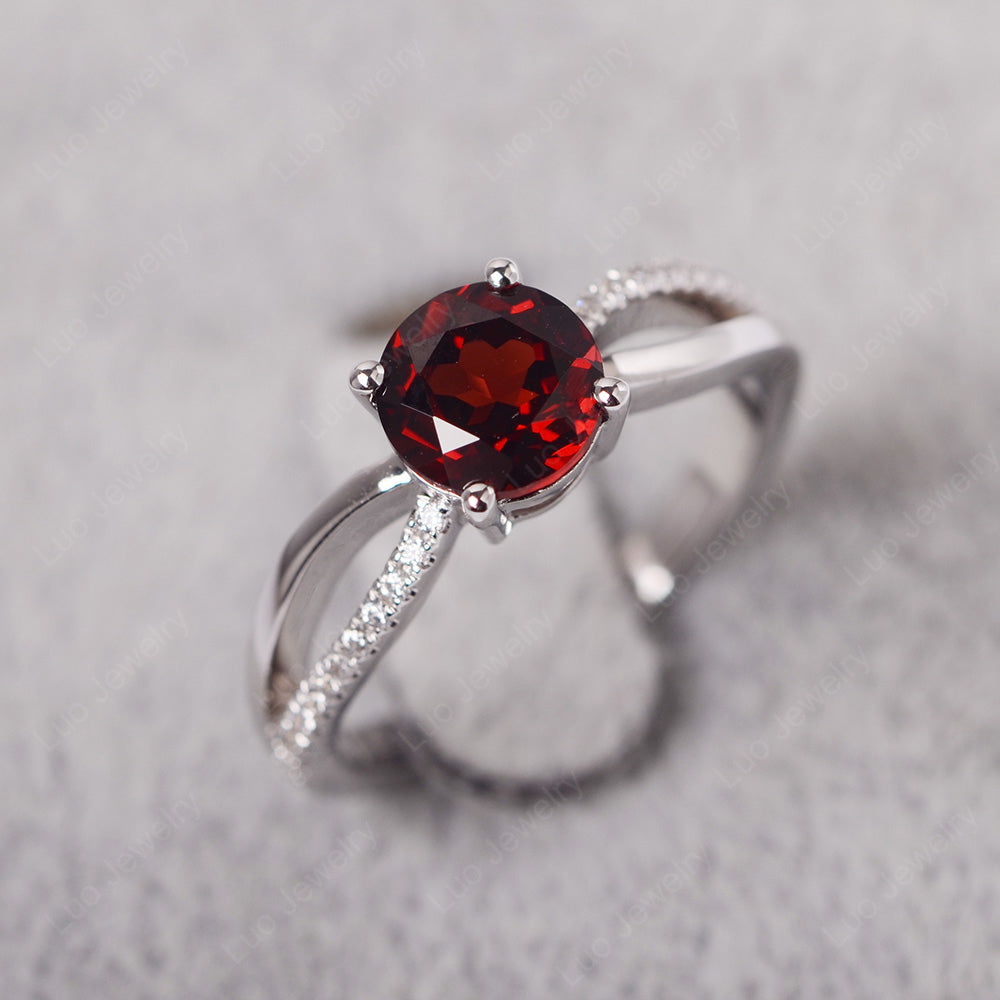 Garnet Ring Split Shank Engagement Ring - LUO Jewelry