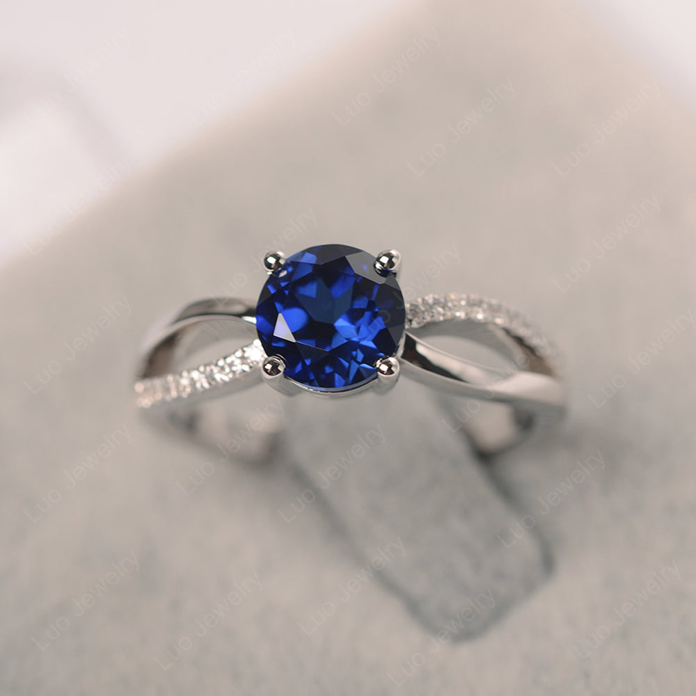 Lab Sapphire Ring Split Shank Engagement Ring - LUO Jewelry