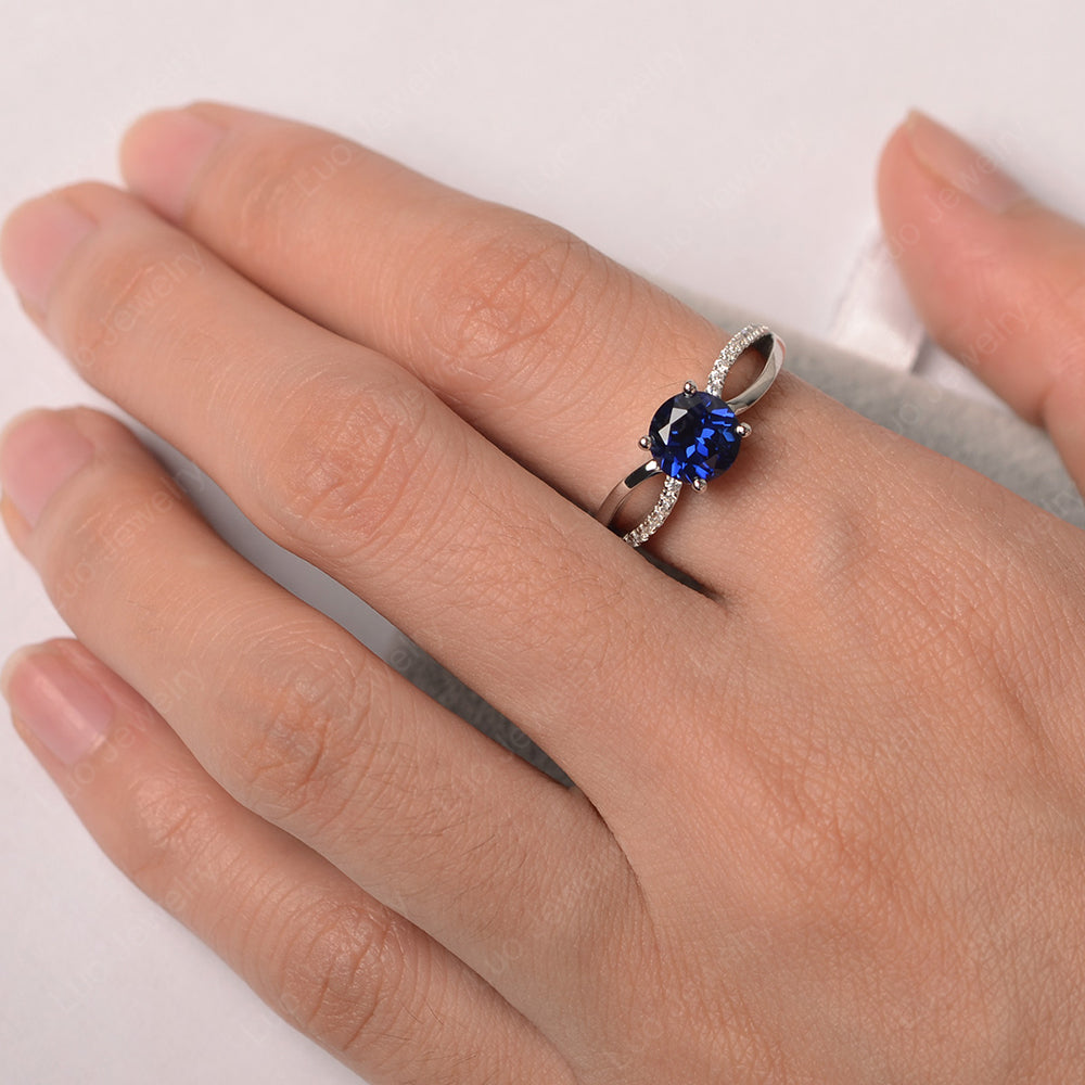 Lab Sapphire Ring Split Shank Engagement Ring - LUO Jewelry