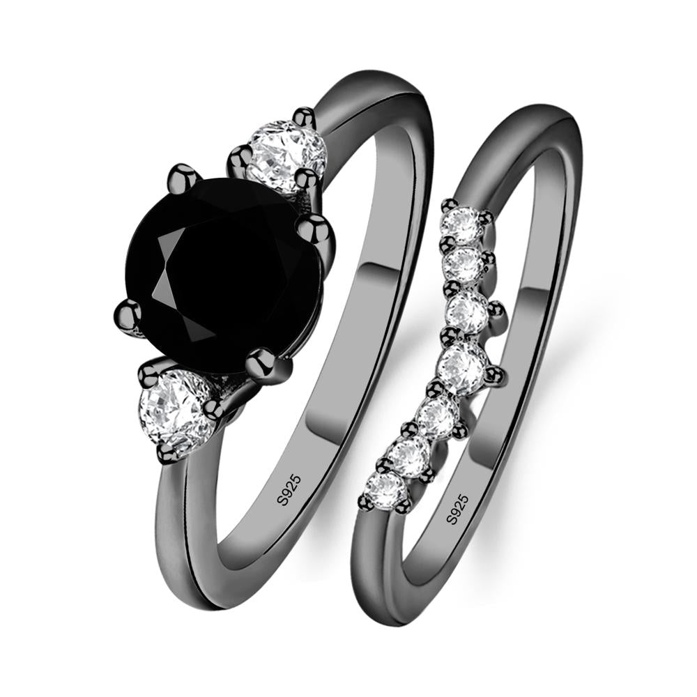 Black Stone Ring Bridal Set Engagement Ring - LUO Jewelry #metal_black finish sterling silver