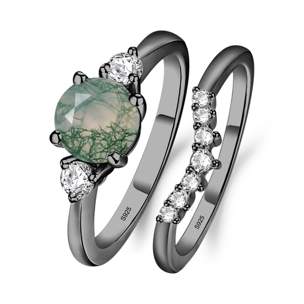 Moss Agate Ring Bridal Set Engagement Ring - LUO Jewelry #metal_black finish sterling silver