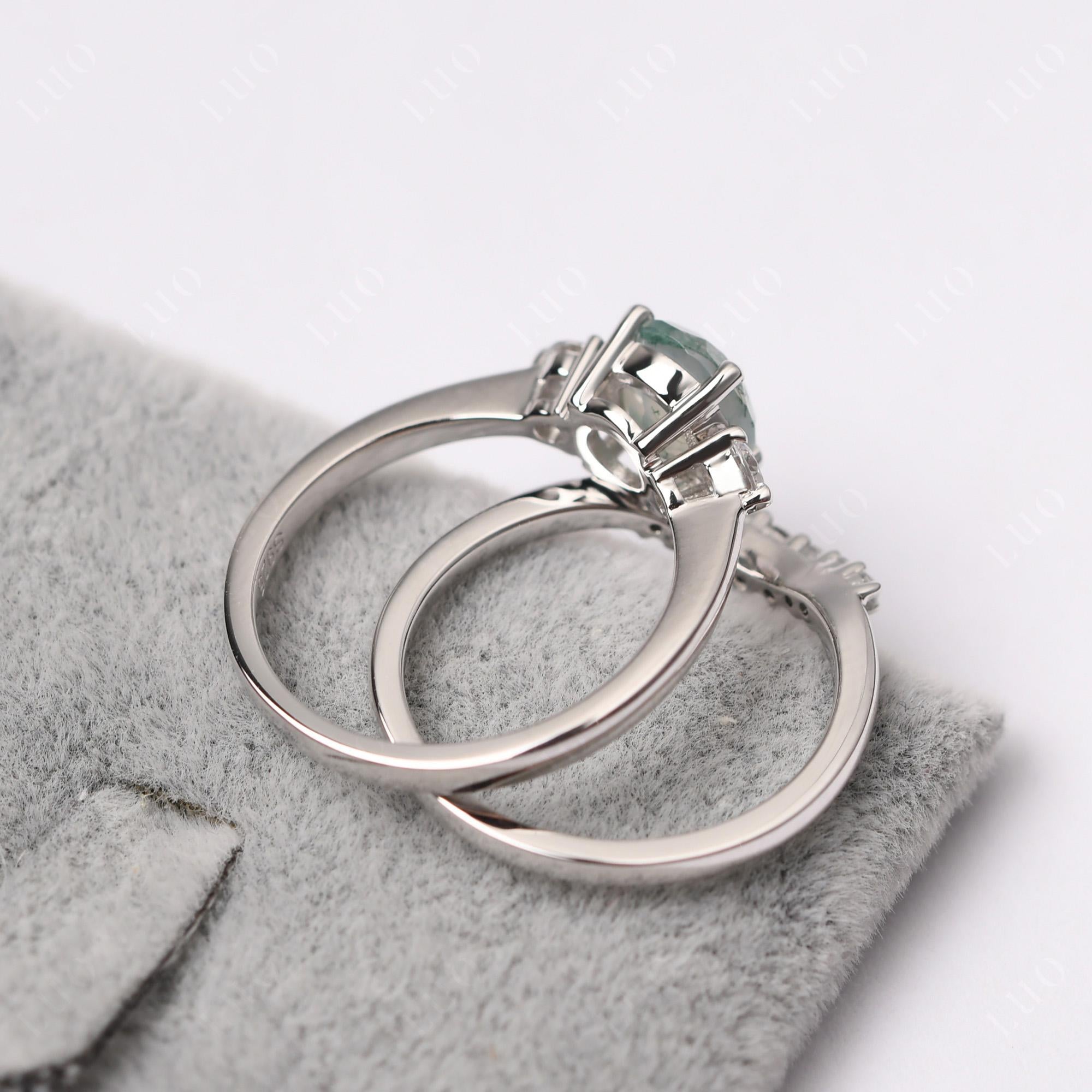 Moss Agate Ring Bridal Set Engagement Ring - LUO Jewelry