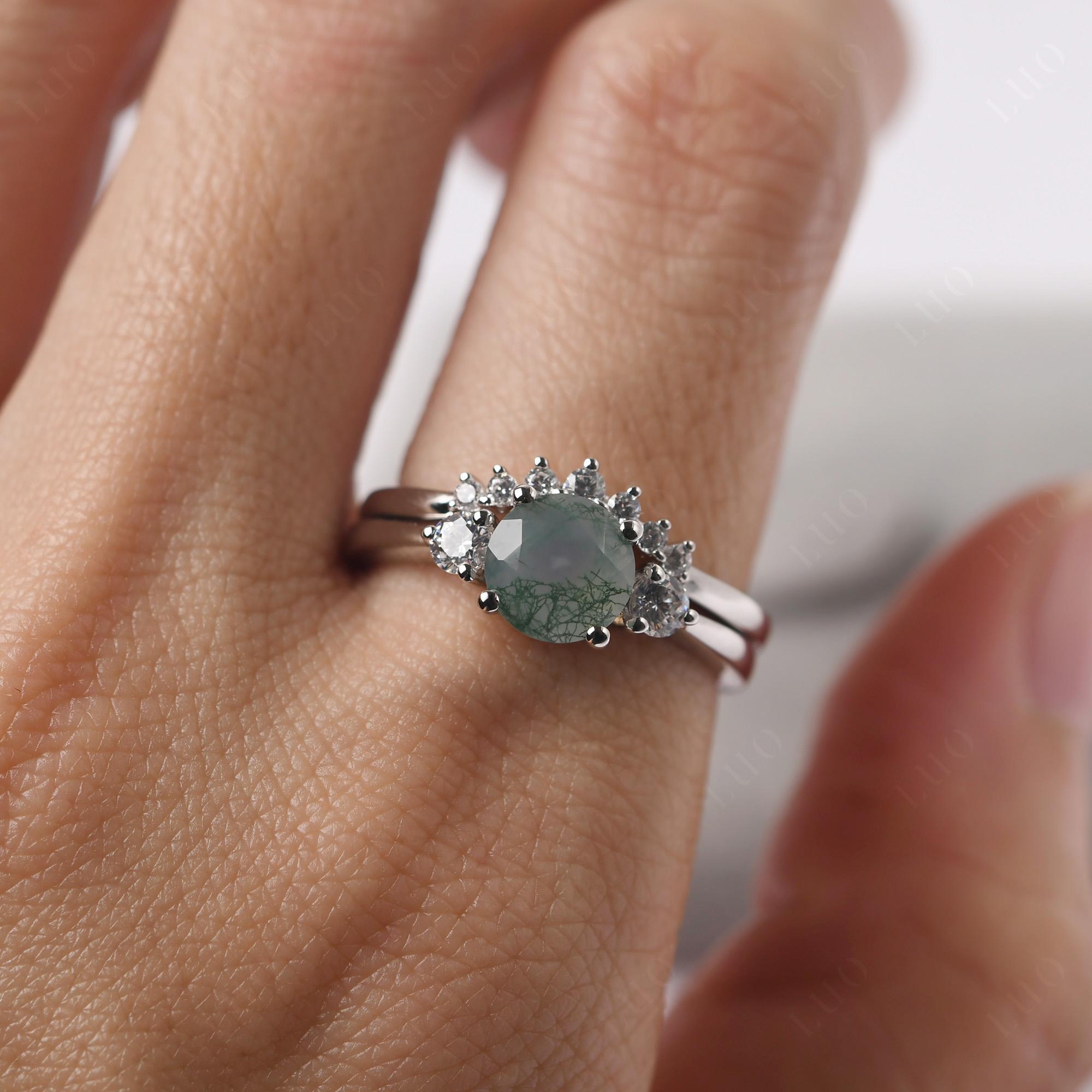 Moss Agate Ring Bridal Set Engagement Ring - LUO Jewelry