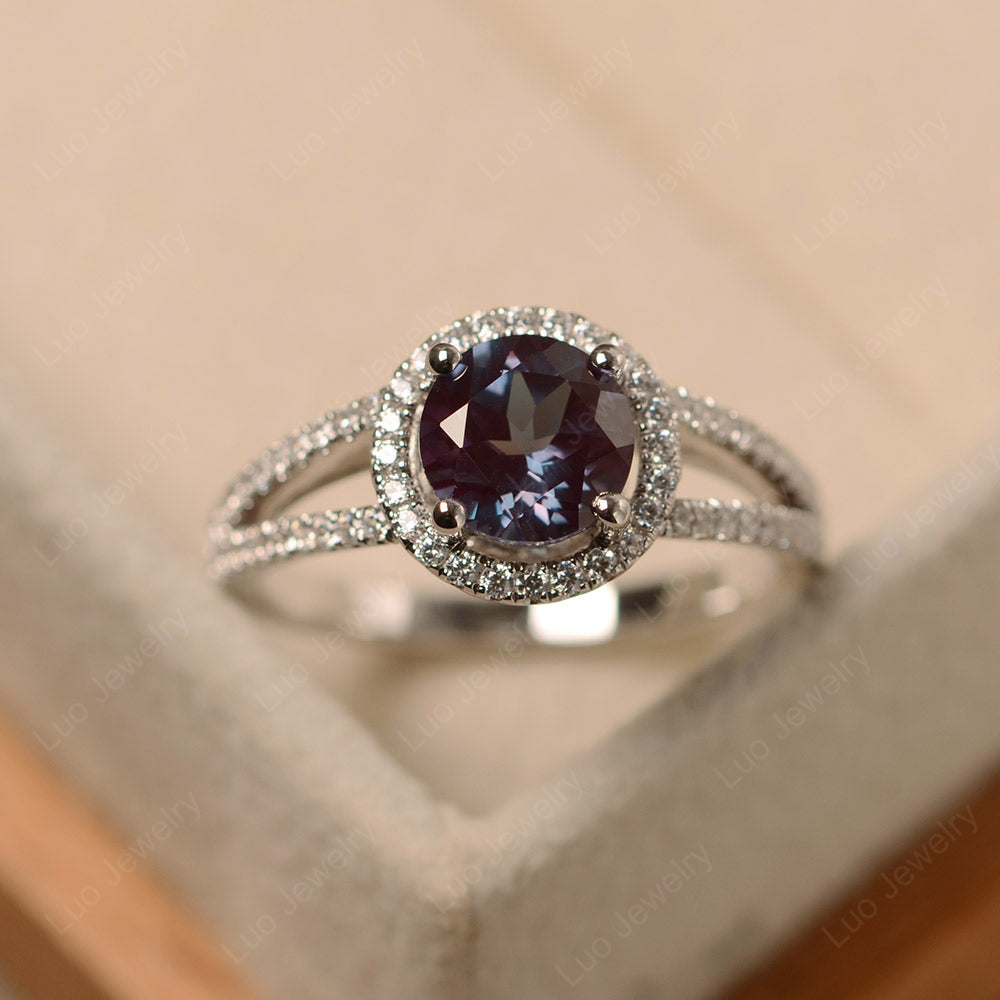 Round Alexandrite Halo Split Shank Engagement Ring - LUO Jewelry