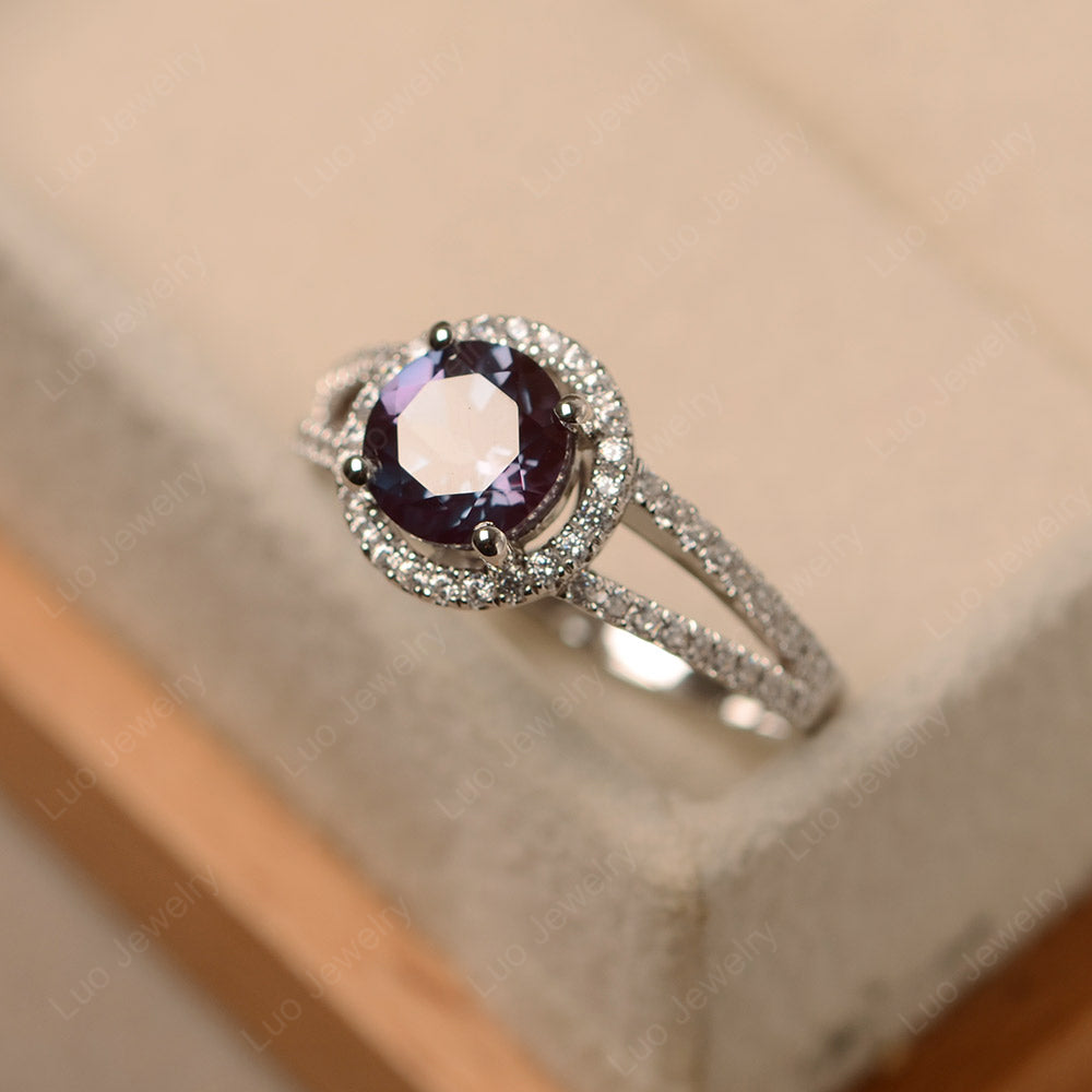 Round Alexandrite Halo Split Shank Engagement Ring - LUO Jewelry
