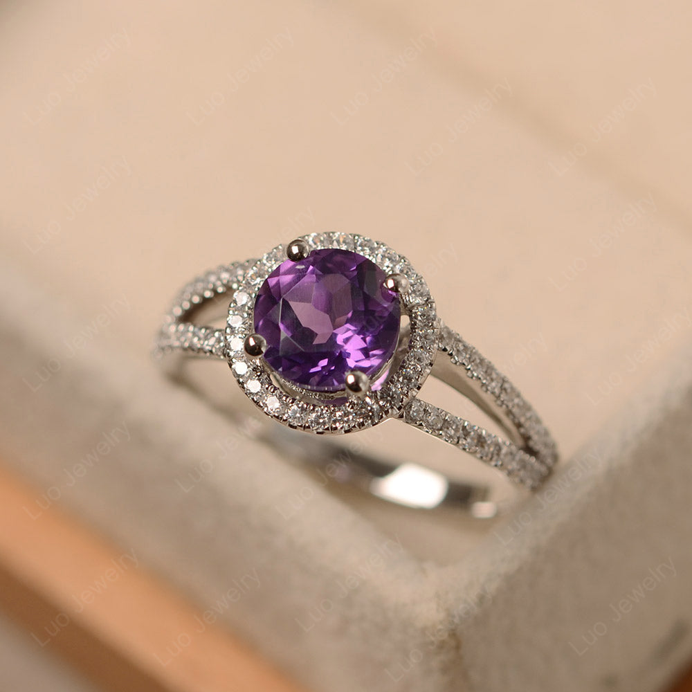 Round Amethyst Halo Split Shank Engagement Ring - LUO Jewelry