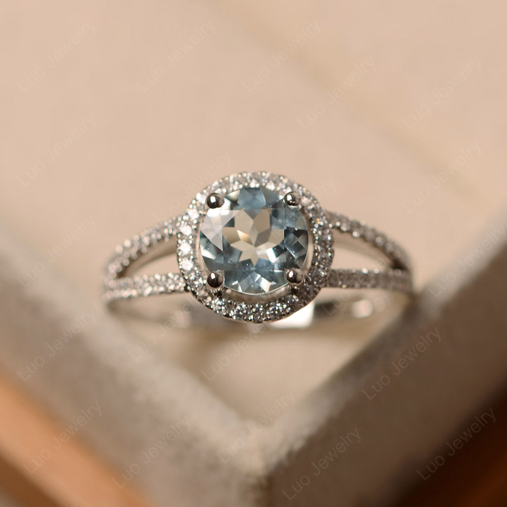 Round Aquamarine Halo Split Shank Engagement Ring - LUO Jewelry