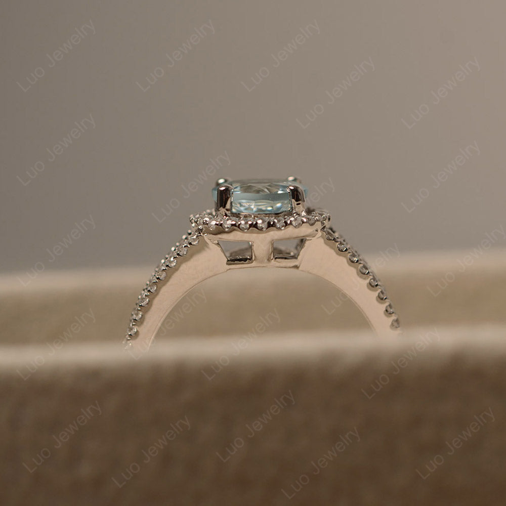 Round Aquamarine Halo Split Shank Engagement Ring - LUO Jewelry