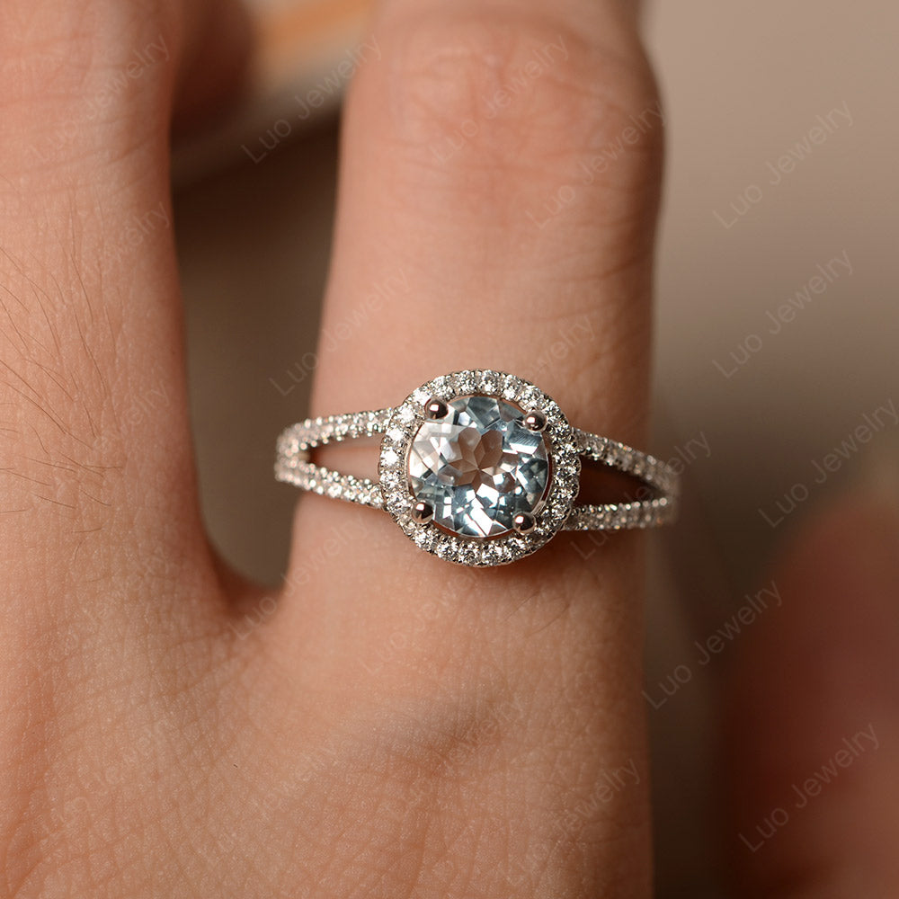 Round Aquamarine Halo Split Shank Engagement Ring - LUO Jewelry