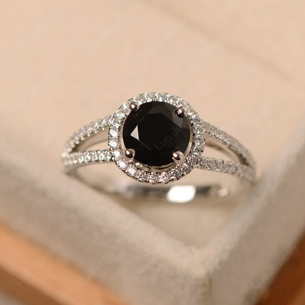 Round Black Spinel Halo Split Shank Engagement Ring - LUO Jewelry