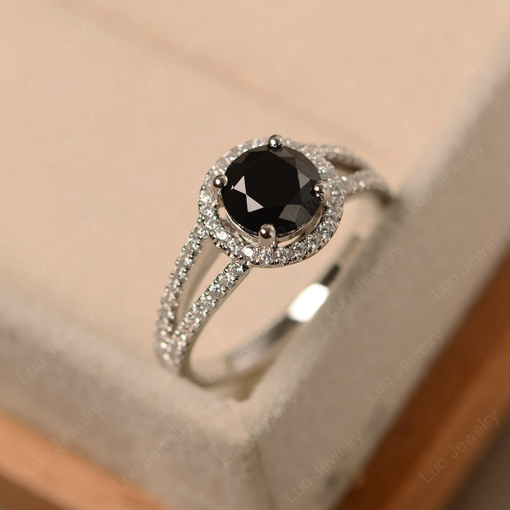 Round Black Spinel Halo Split Shank Engagement Ring - LUO Jewelry