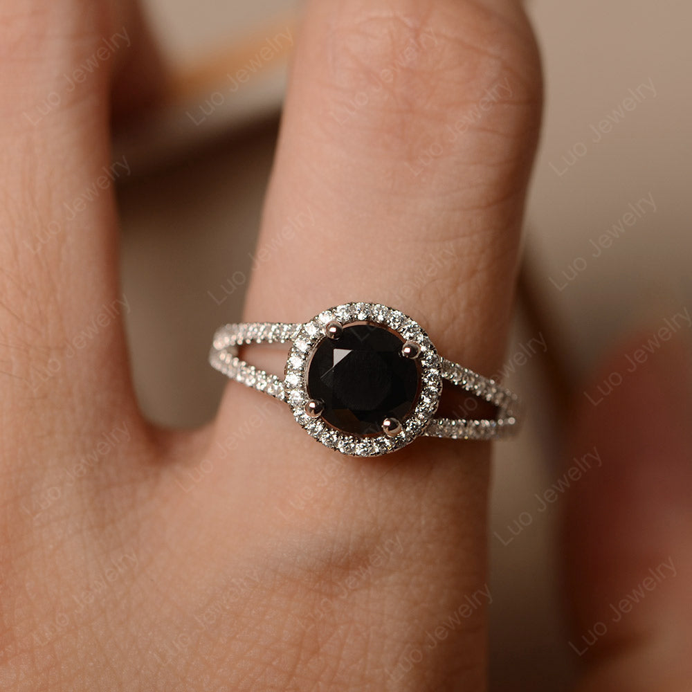 Round Black Spinel Halo Split Shank Engagement Ring - LUO Jewelry