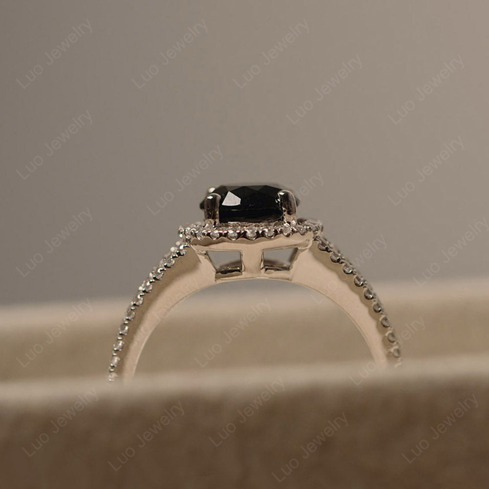 Round Black Spinel Halo Split Shank Engagement Ring - LUO Jewelry
