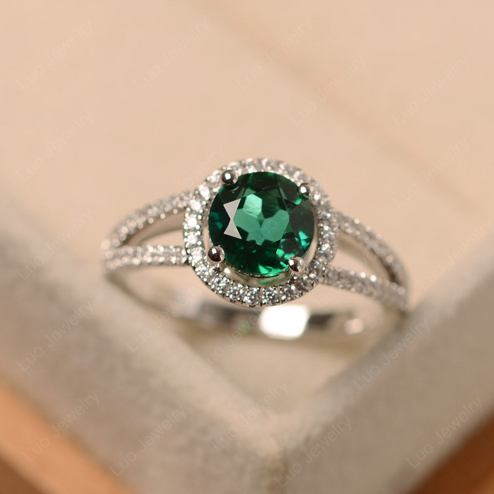 Round Lab Emerald Halo Split Shank Engagement Ring - LUO Jewelry