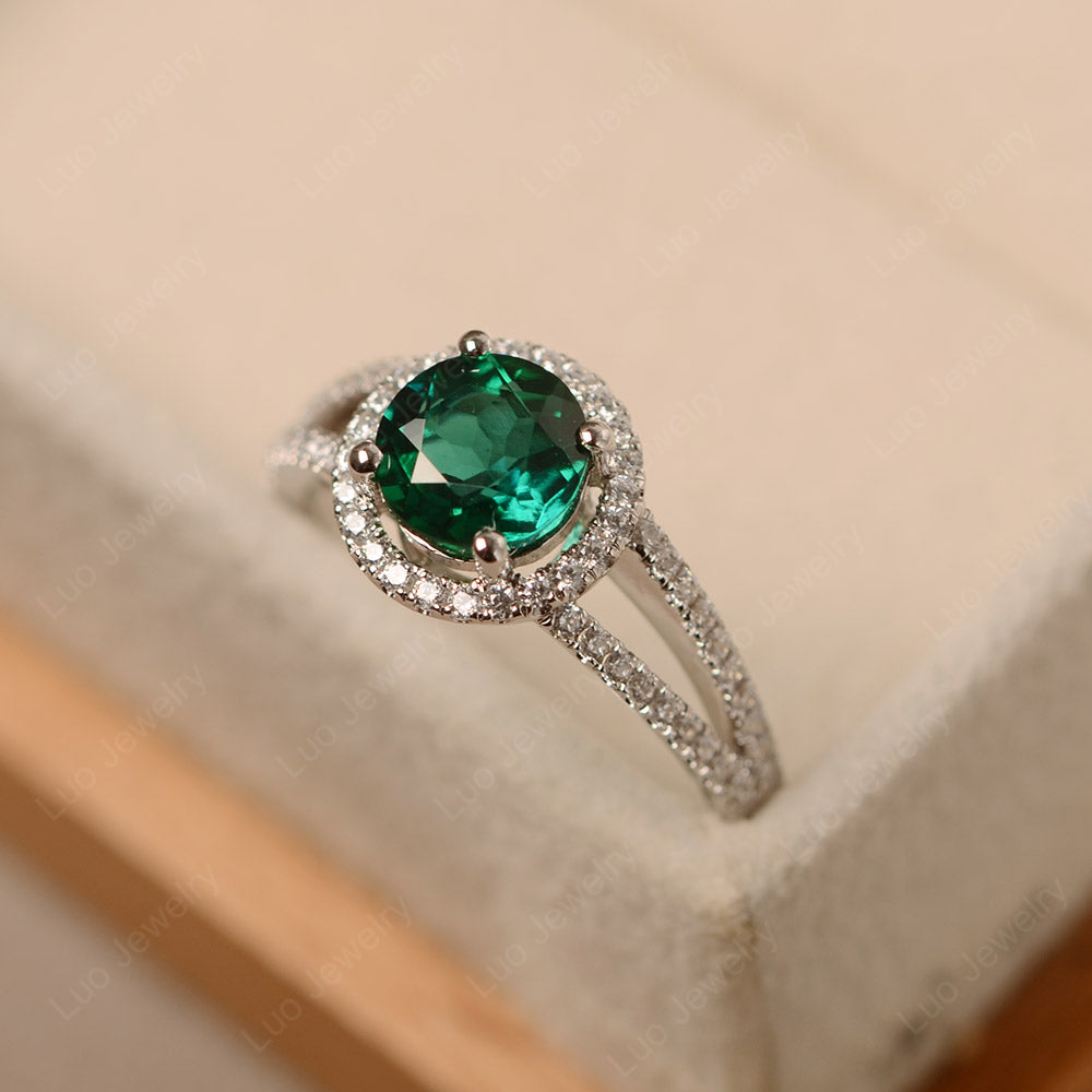 Round Lab Emerald Halo Split Shank Engagement Ring - LUO Jewelry