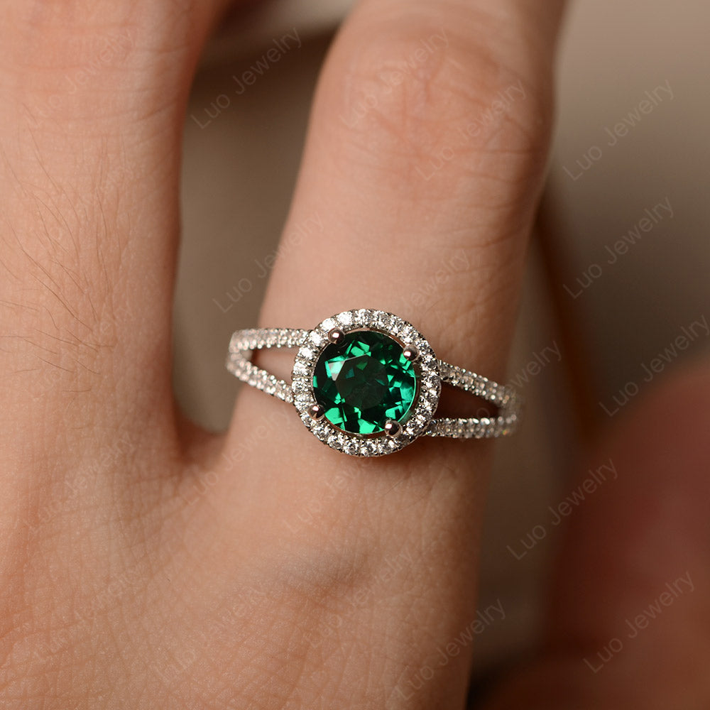 Round Lab Emerald Halo Split Shank Engagement Ring - LUO Jewelry