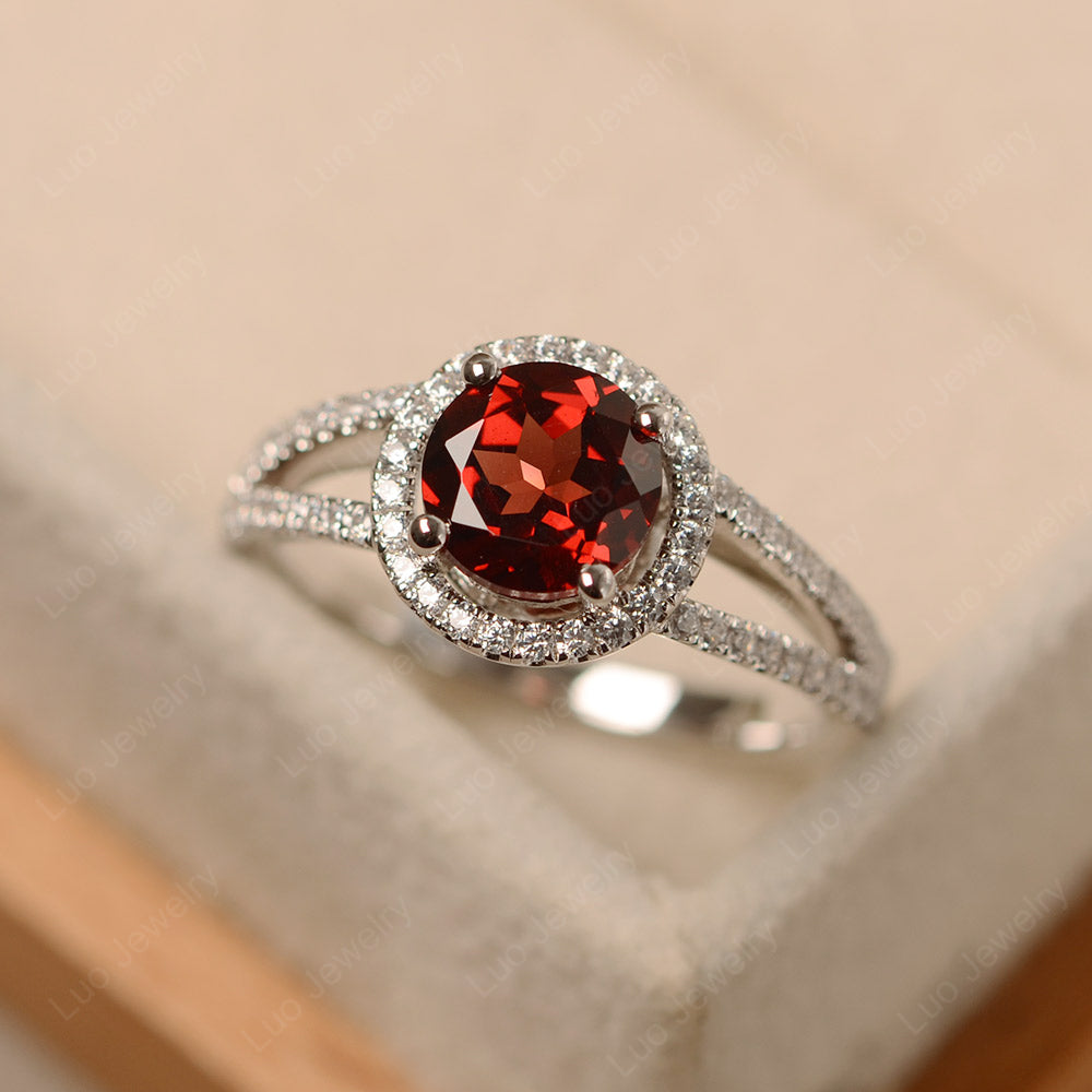 Round Garnet Halo Split Shank Engagement Ring - LUO Jewelry