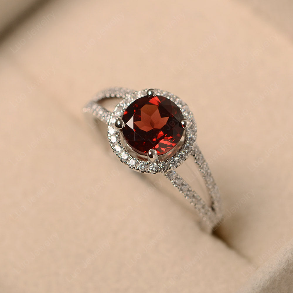 Round Garnet Halo Split Shank Engagement Ring - LUO Jewelry