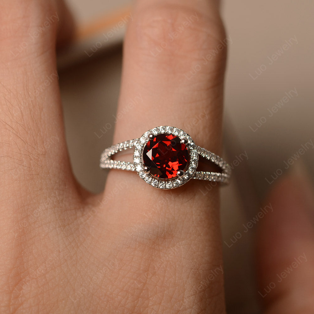 Round Garnet Halo Split Shank Engagement Ring - LUO Jewelry