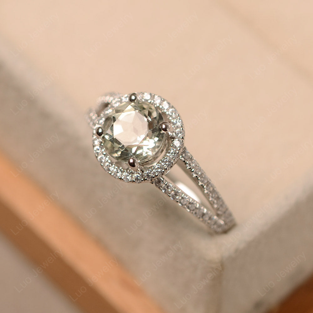 Round Green Amethyst Halo Split Shank Engagement Ring - LUO Jewelry