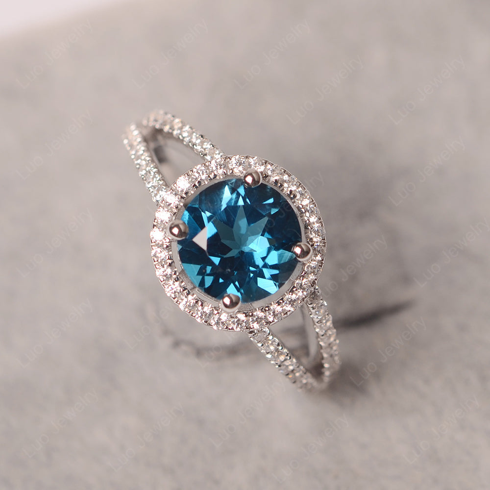 Round London Blue Topaz Halo Split Shank Engagement Ring - LUO Jewelry