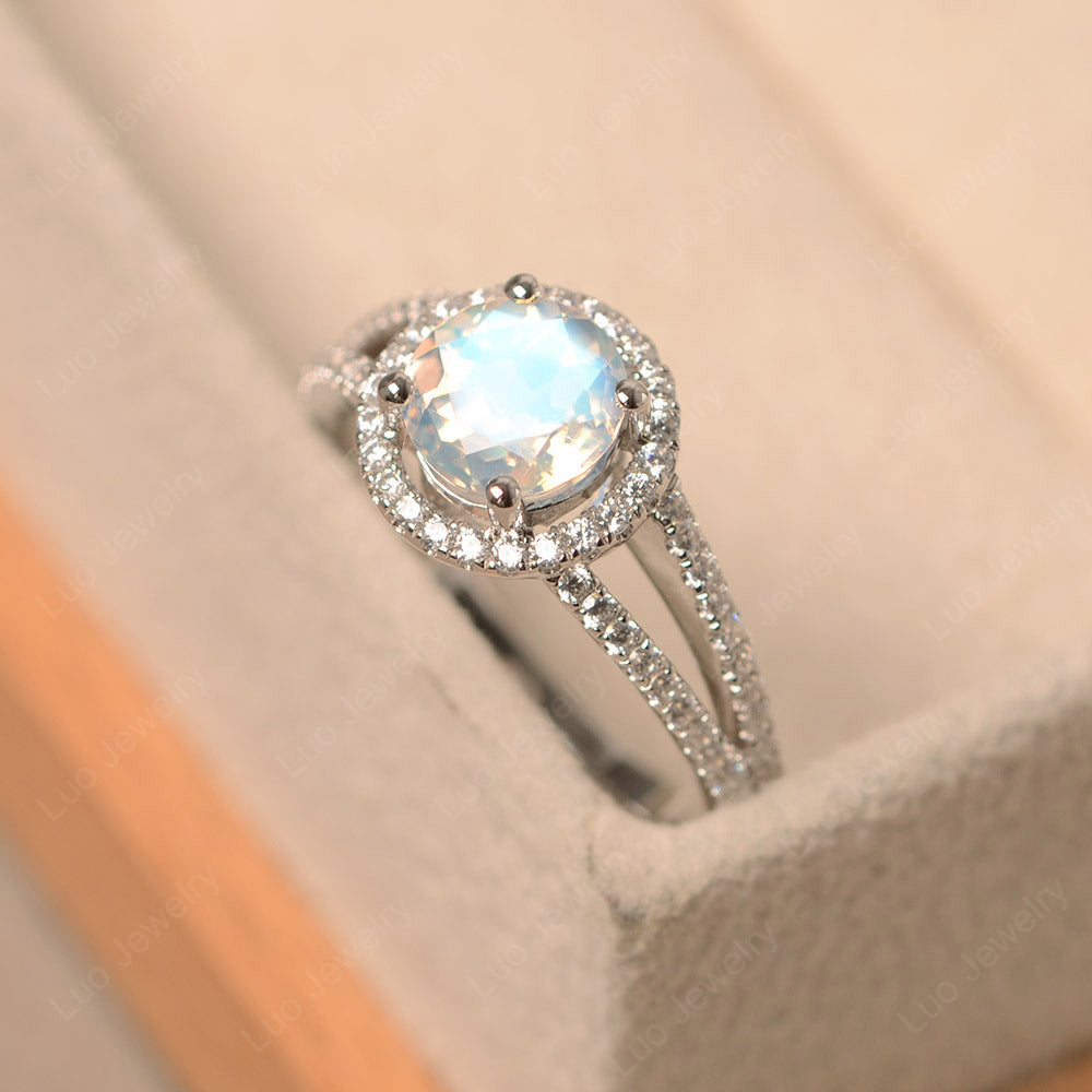Round Moonstone Halo Split Shank Engagement Ring - LUO Jewelry