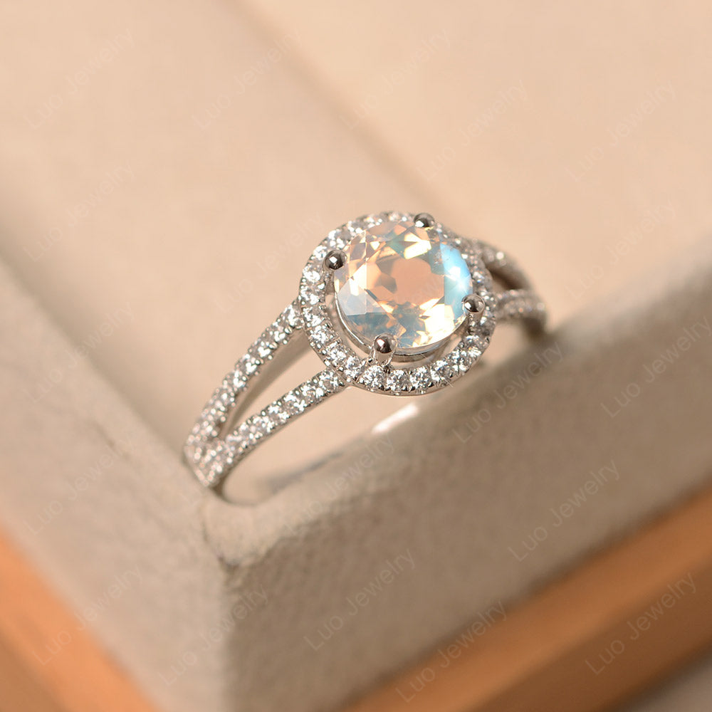 Round Moonstone Halo Split Shank Engagement Ring - LUO Jewelry