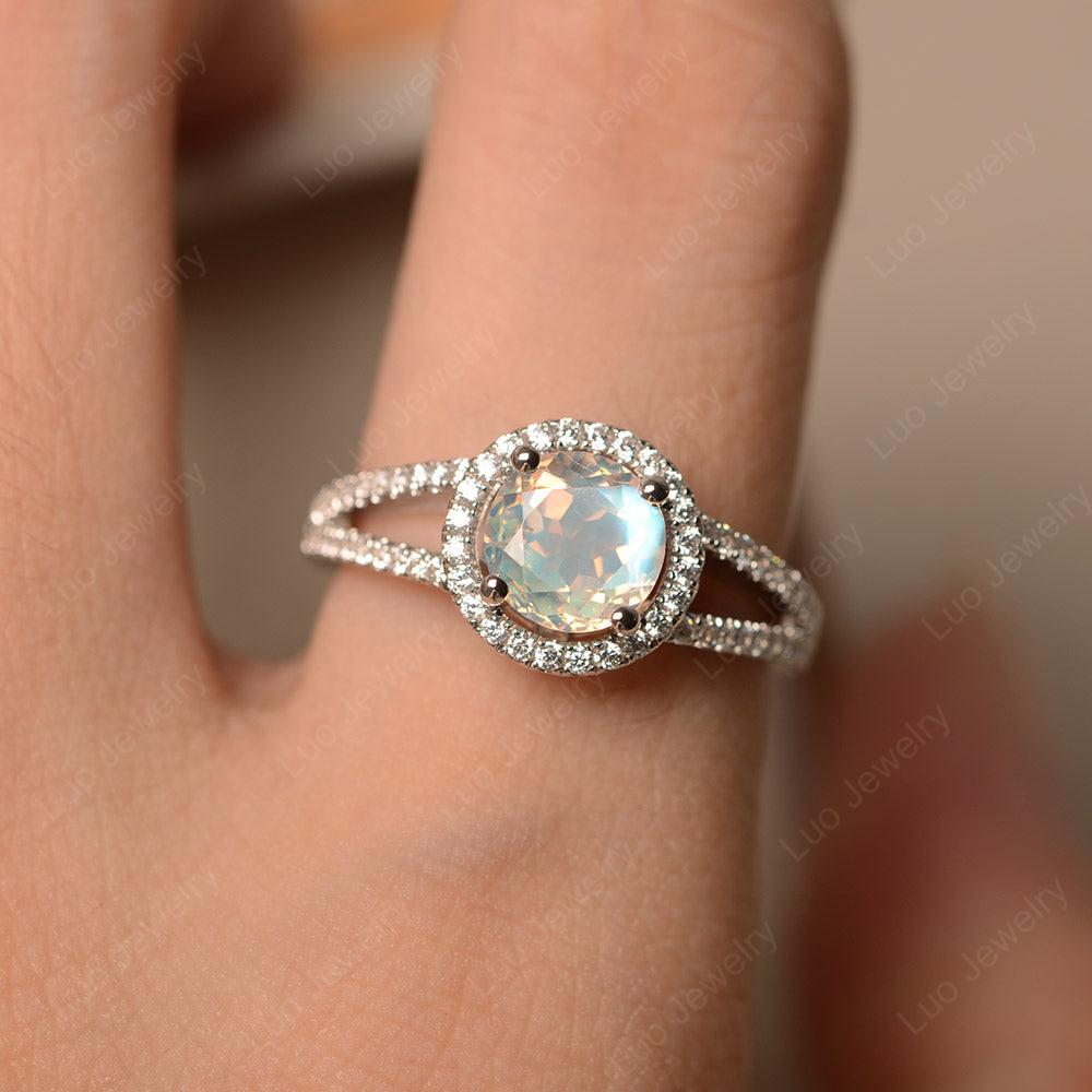 Round Moonstone Halo Split Shank Engagement Ring - LUO Jewelry