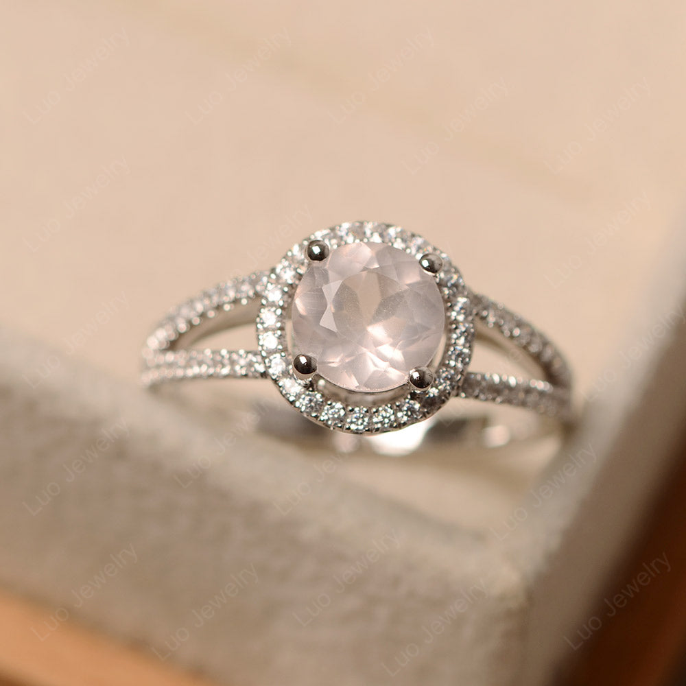 Round Rose Quartz Halo Split Shank Engagement Ring - LUO Jewelry