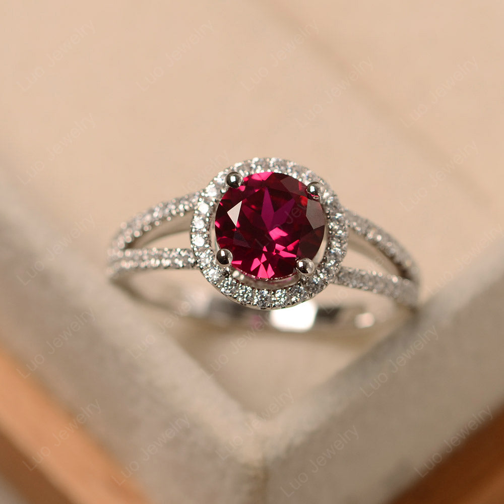 Round Ruby Halo Split Shank Engagement Ring - LUO Jewelry