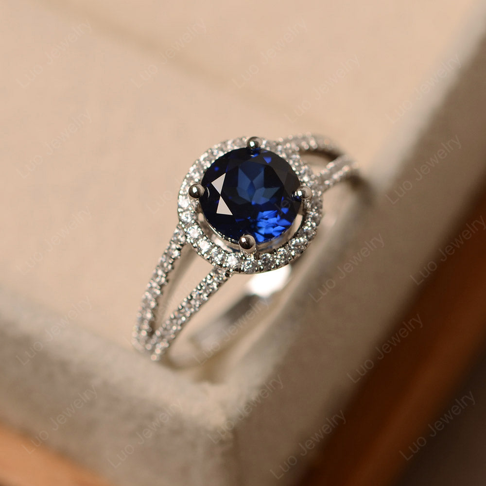 Round Lab Sapphire Halo Split Shank Engagement Ring - LUO Jewelry