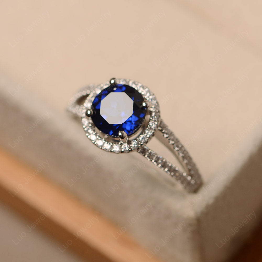 Round Lab Sapphire Halo Split Shank Engagement Ring - LUO Jewelry