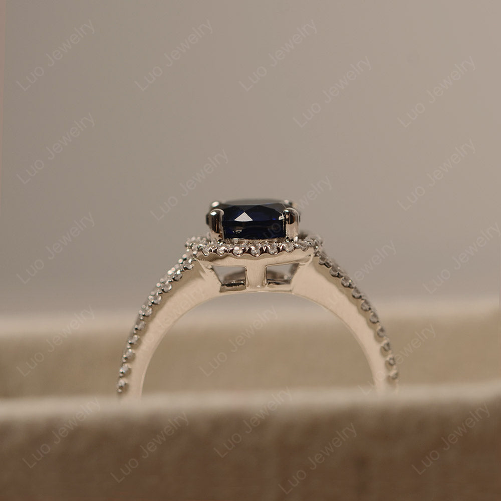 Round Lab Sapphire Halo Split Shank Engagement Ring - LUO Jewelry