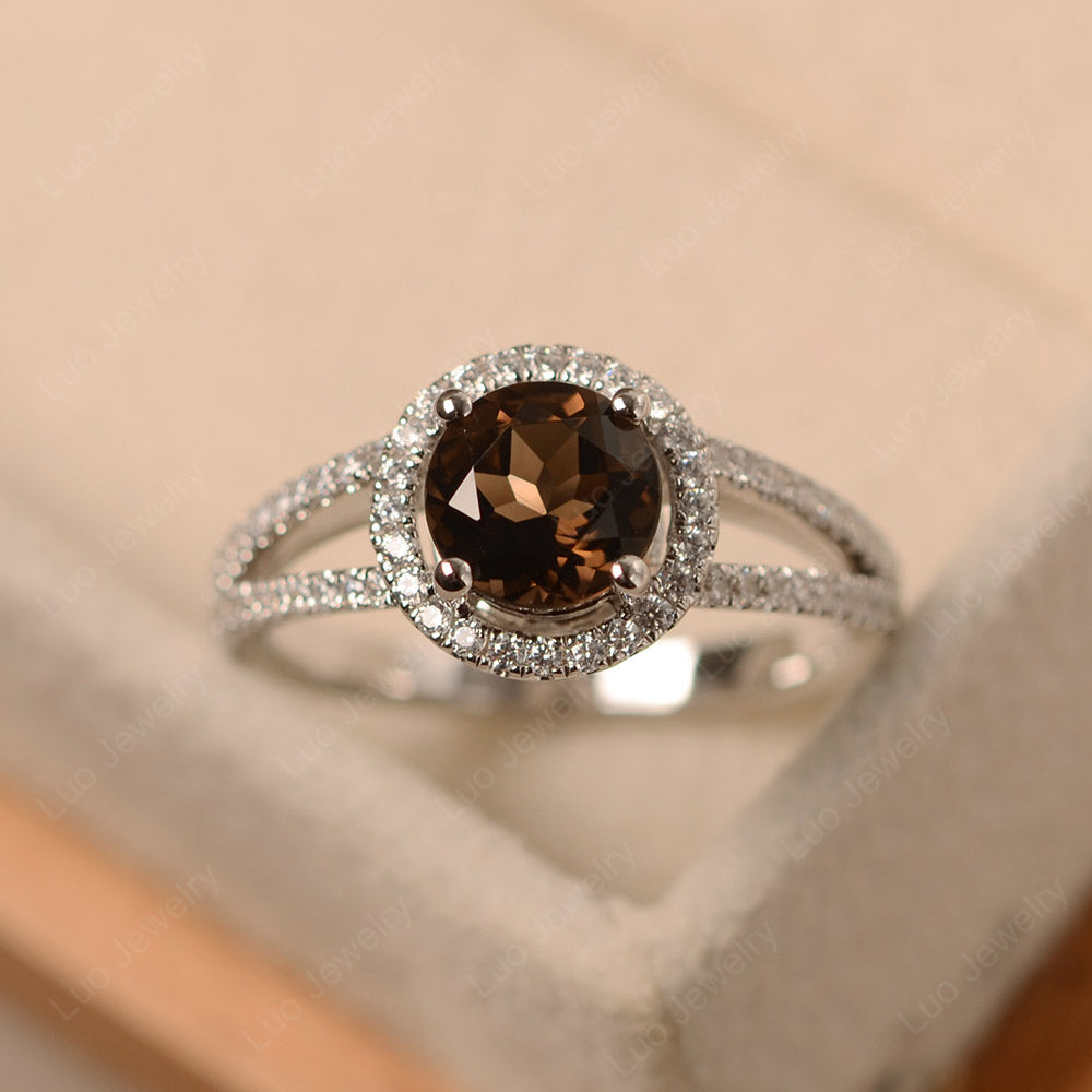 Round Smoky Quartz  Halo Split Shank Engagement Ring - LUO Jewelry