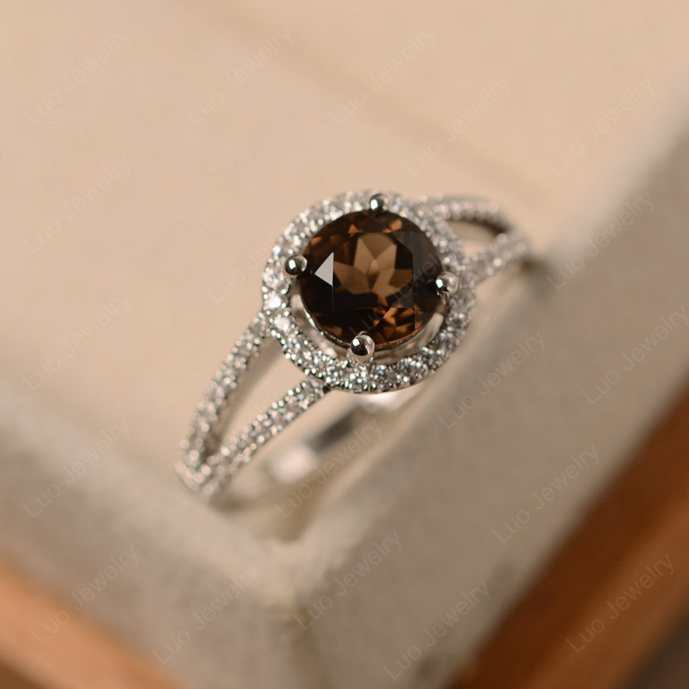 Round Smoky Quartz  Halo Split Shank Engagement Ring - LUO Jewelry