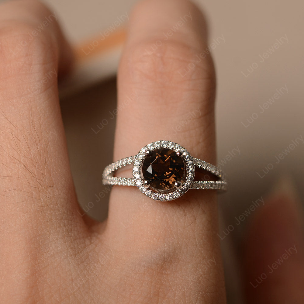 Round Smoky Quartz  Halo Split Shank Engagement Ring - LUO Jewelry